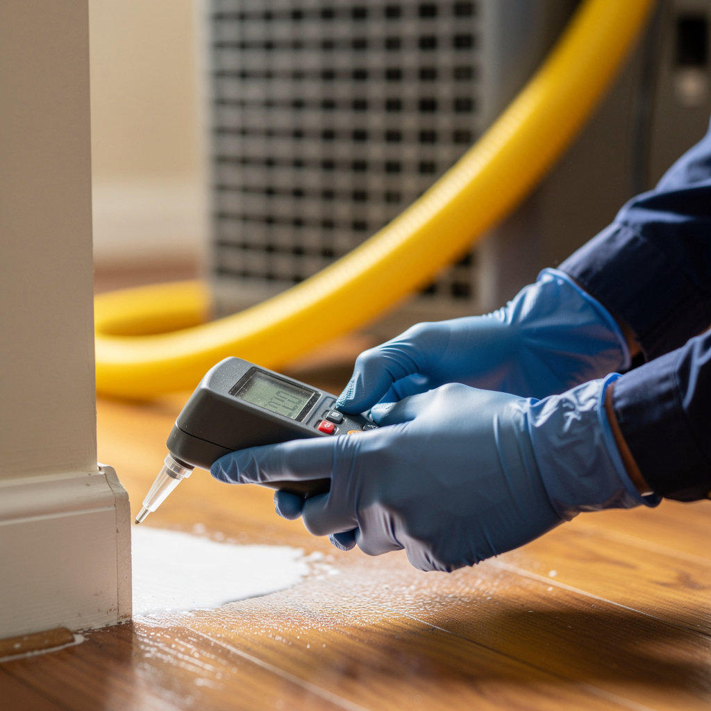 SOS ANYTIME RESTORATION certified technician performing water damage assessment and restoration in a Spring Valley, CA home